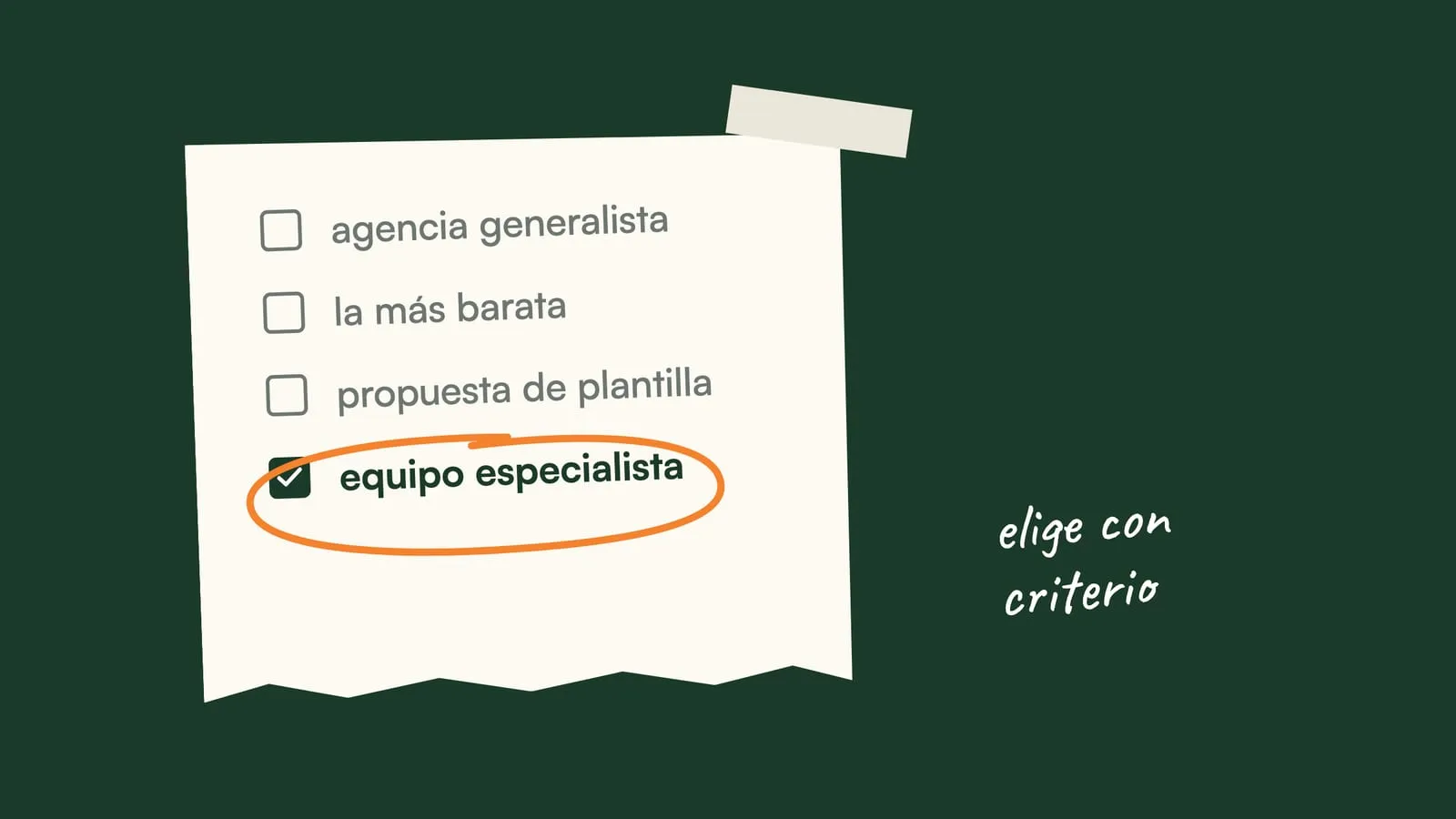 Hoja crema con cuatro casillas sobre fondo verde, una marcada con check y rodeada en naranja, junto a la palabra Agencia y una nota manuscrita