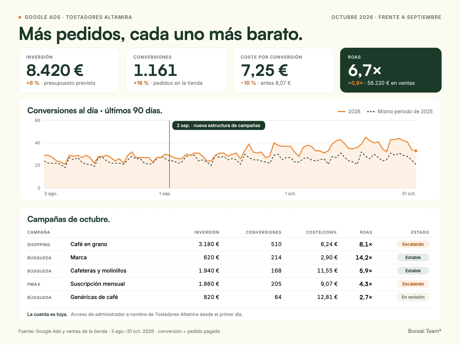 Dashboard mensual de Google Ads con inversión, conversiones, coste por conversión, ROAS y campañas